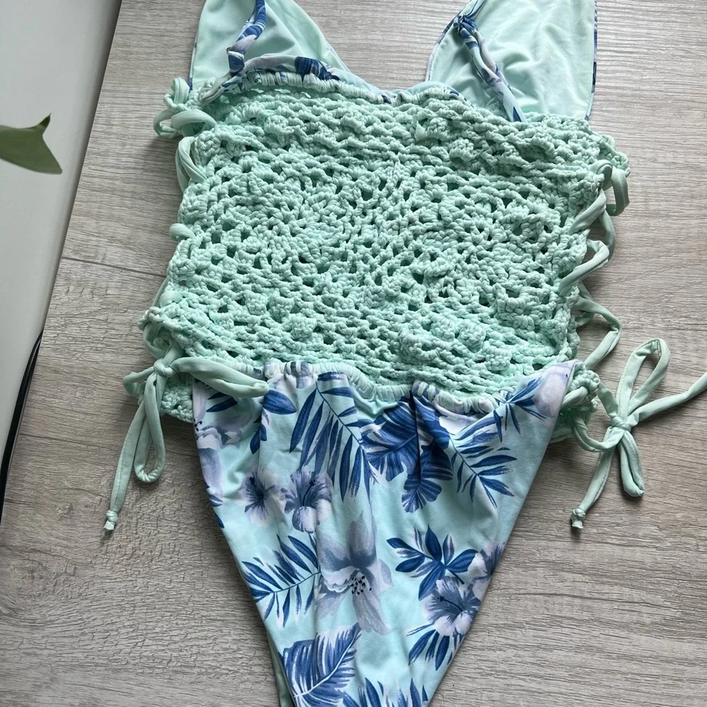 Frankie's Bikinis Blue and White Crochet Swimsuit